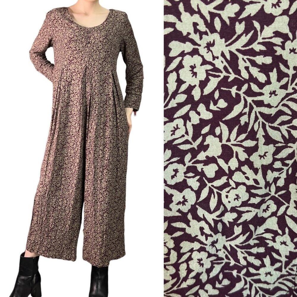 Vintage 90s Express Drop Crotch Jumpsuit Floral Print Long Sleeve Wide Leg